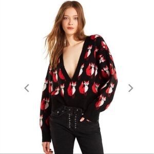 Wildfox Deep V-Neck Fox Print Sweater